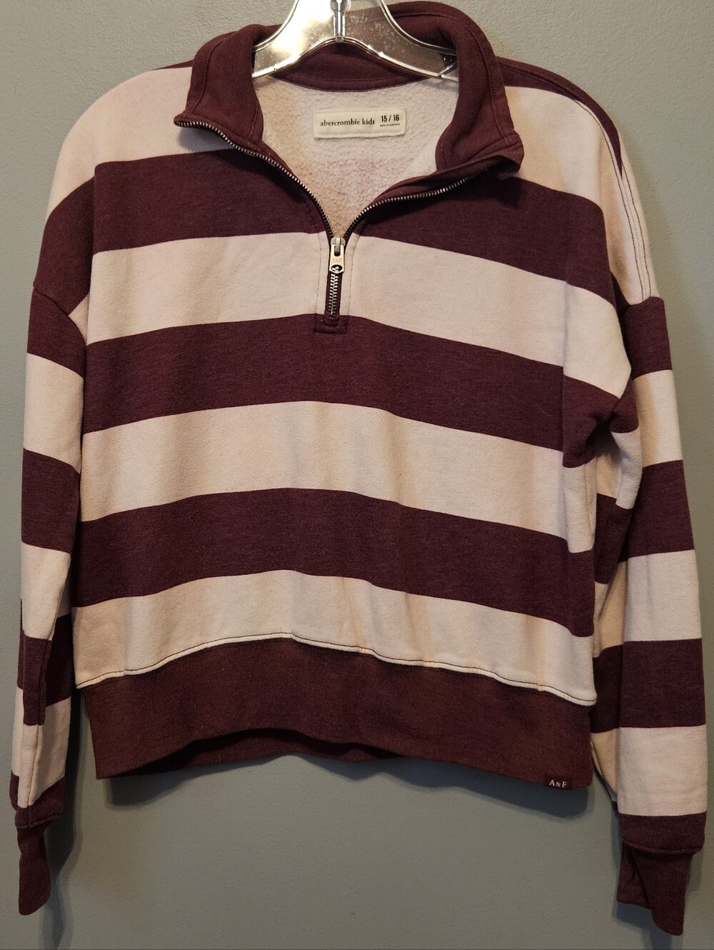abercrombie & Fitch Girls Maroon Pink Striped Quarter-Zip Pullover Top A & F
